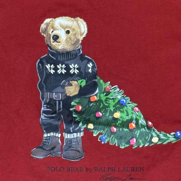 Ralph Lauren Polo Bear Christmas Long Sleeve Tee Boys 6 Holiday Red Tree Gift - Picture 2 of 5